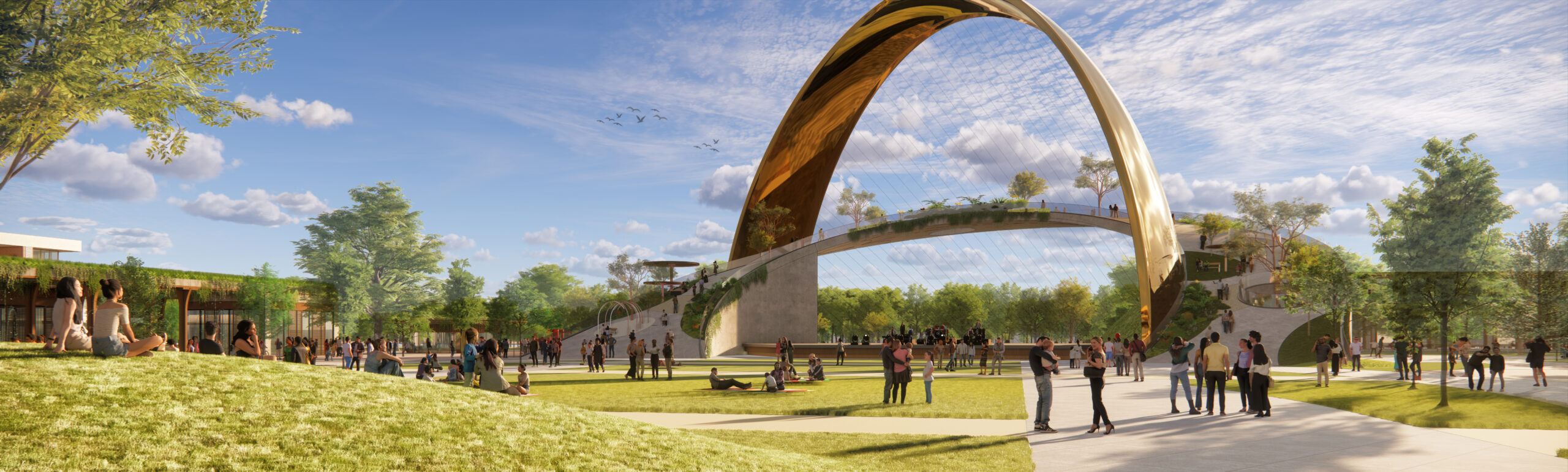 Architectural rendering of the ALMAAHH East End campus — a monumental golden arch rises above an open plaza where visitors gather, walk, and attend a live outdoor performance surrounded by green spaces and the museum complex