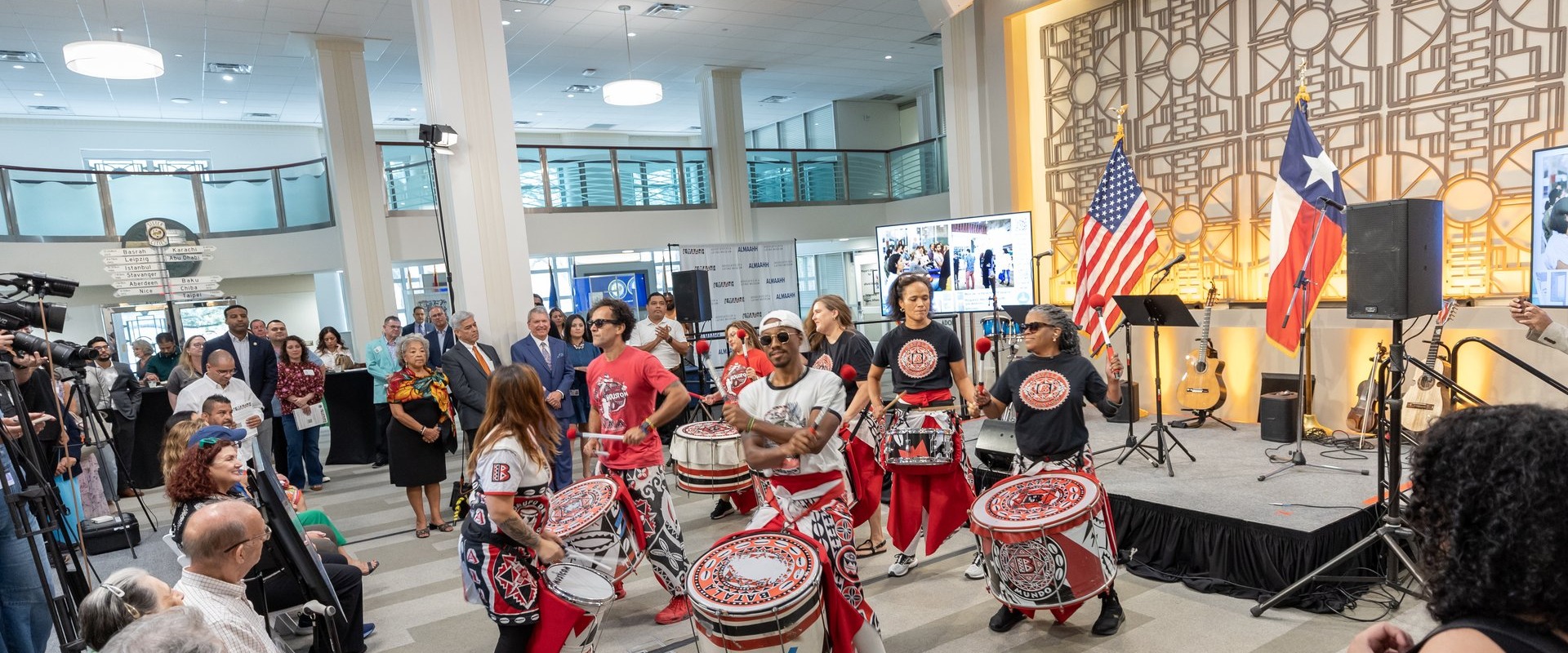 Batalá Houston percussion ensemble performing at Houston City Hall, 2025