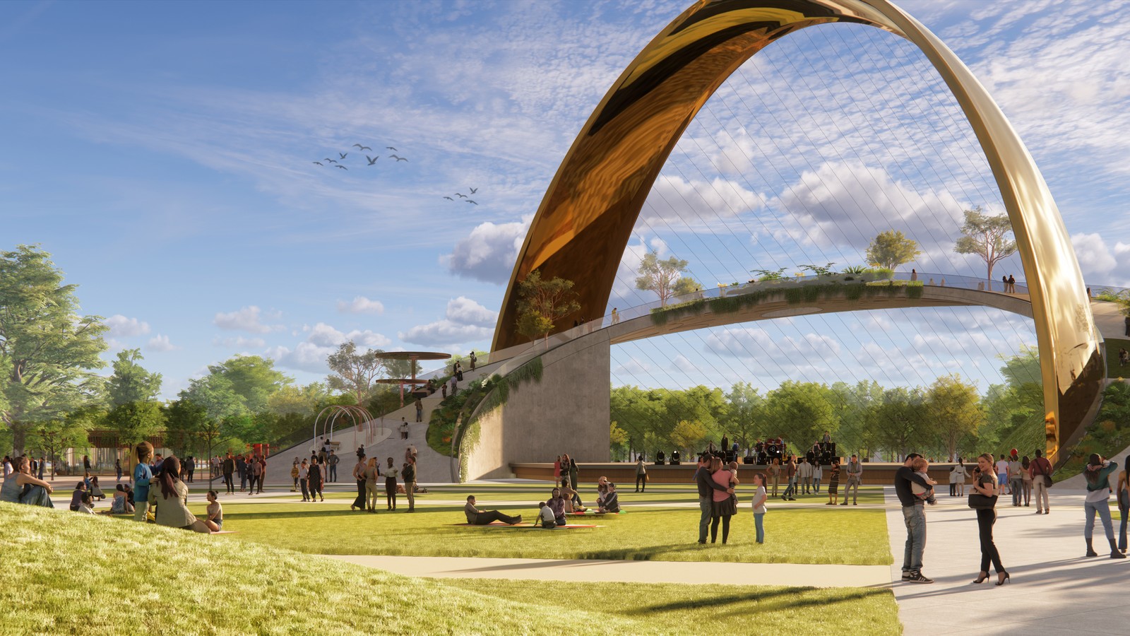 Architectural rendering of ALMAAHH's proposed Latino arts and cultural district with a large public plaza arch.